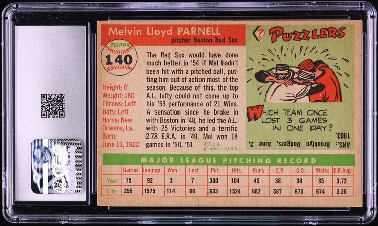 1955 Topps Mel Parnell #140 CGC ALTERED AUTH