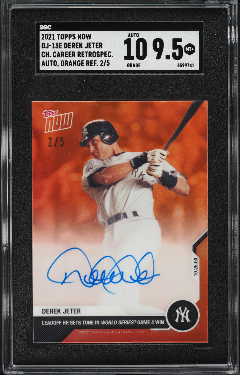 2021 Topps Now Chrome Career Retrospective Orange Derek Jeter AUTO JERSEY # 2/5 #DJ-13E SGC 9.5