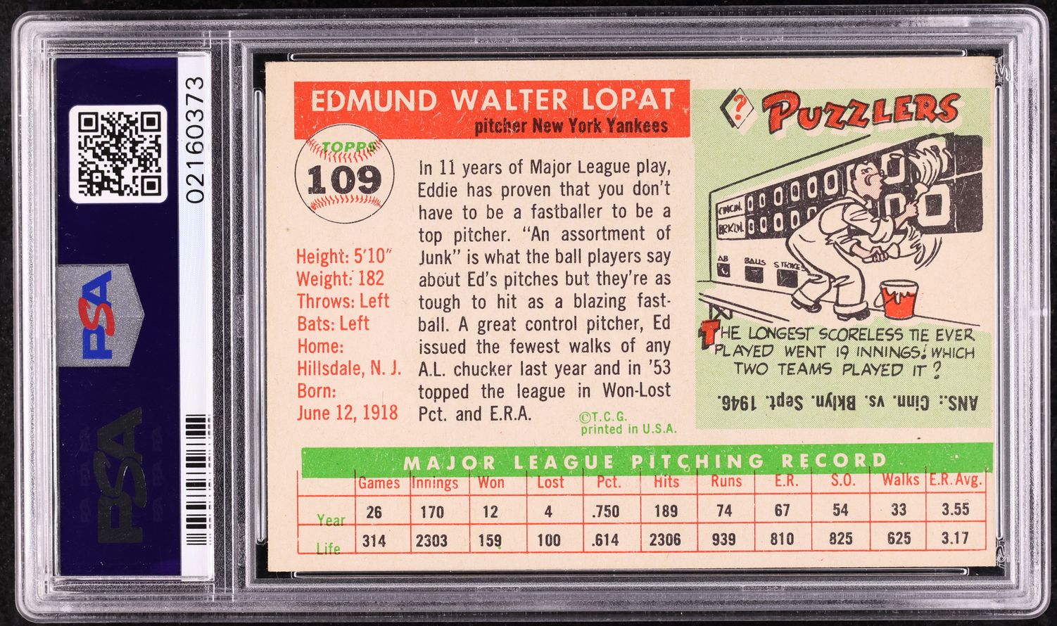 1955 Topps Ed Lopat #109 PSA 8 NM-MT