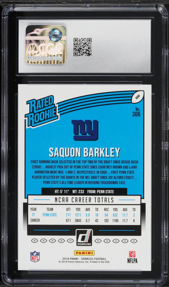 2018 Donruss Football Saquon Barkley ROOKIE #306 CGC 10 GEM MINT