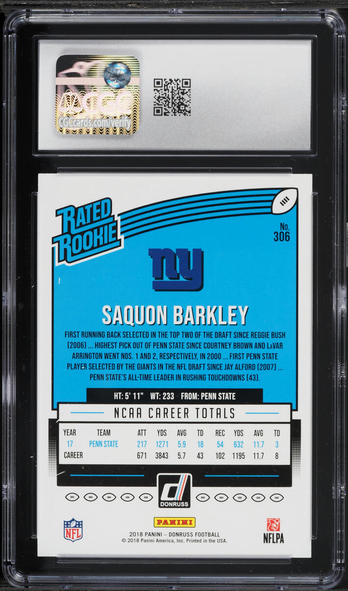 2018 Donruss Football Saquon Barkley ROOKIE #306 CGC 10 GEM MINT