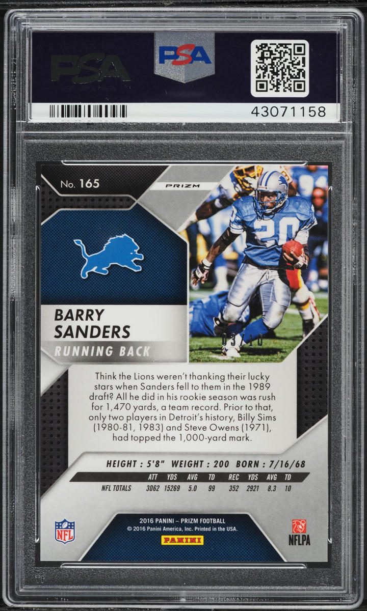 2016 Panini Prizm Gold Barry Sanders /10 #165 PSA 10 GEM MINT - Photo 2