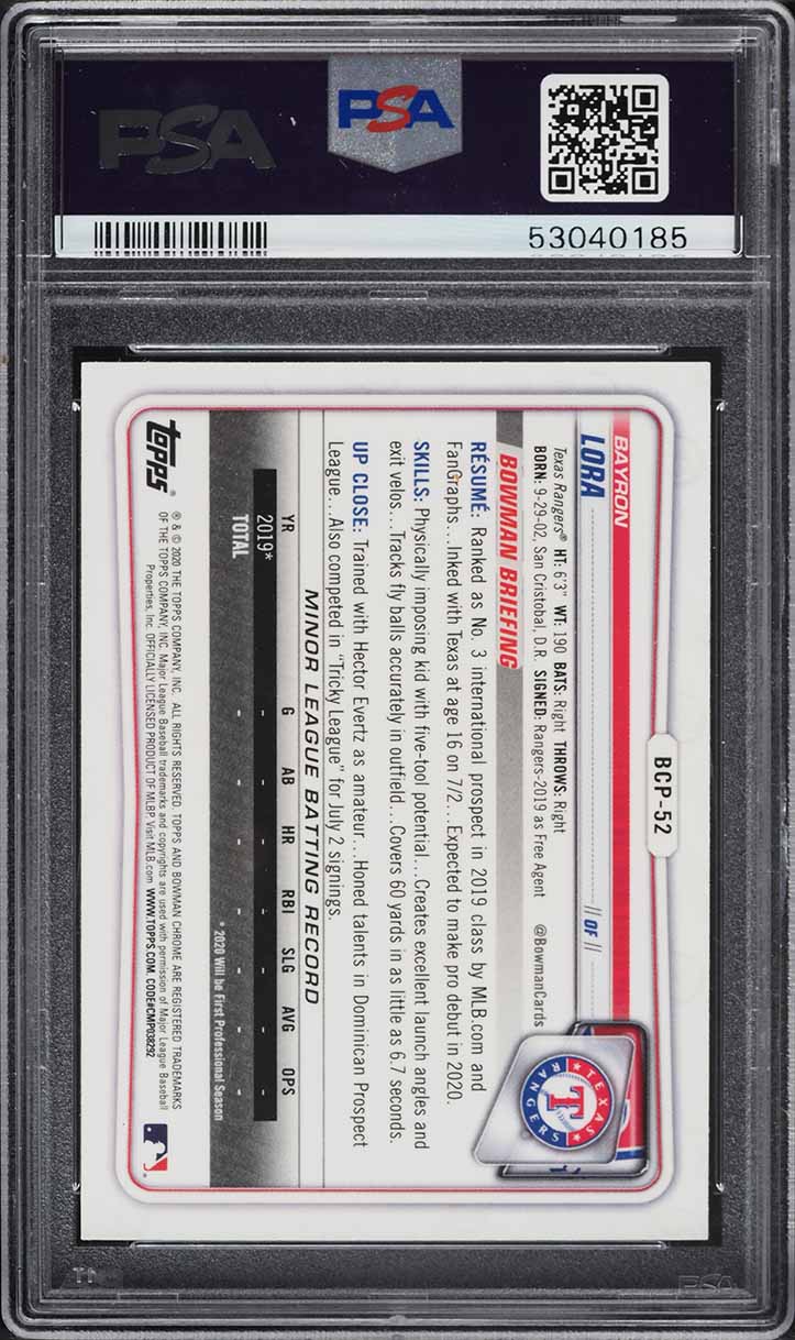 2020 Bowman Chrome Bayron Lora PROSPECT #BCP-52 PSA 10 GEM MINT