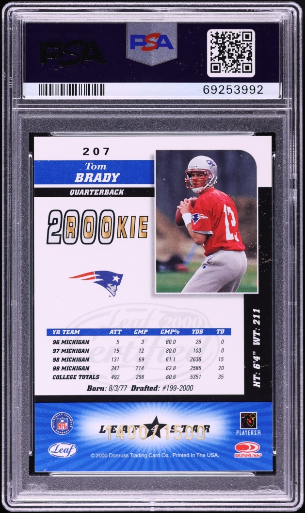 2000 Leaf Certified 4 Star Tom Brady ROOKIE /1500 #207 PSA 9 MINT