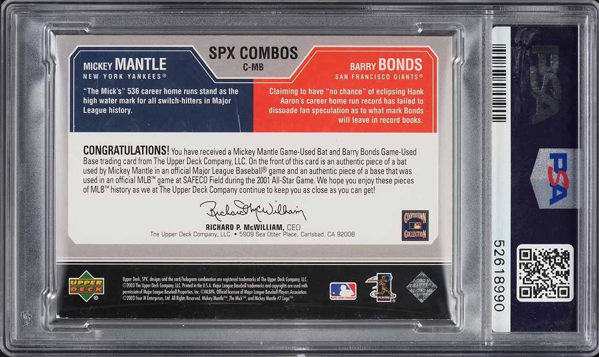 2003 SPx Game Used Combos Mickey Mantle Barry Bonds PATCH 1/50 #C-MB PSA 7 NRMT