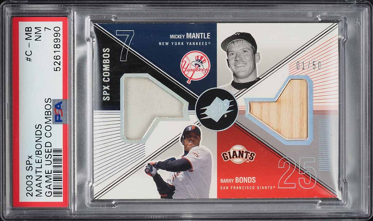 2003 SPx Game Used Combos Mickey Mantle Barry Bonds PATCH 1/50 #C-MB PSA 7 NRMT