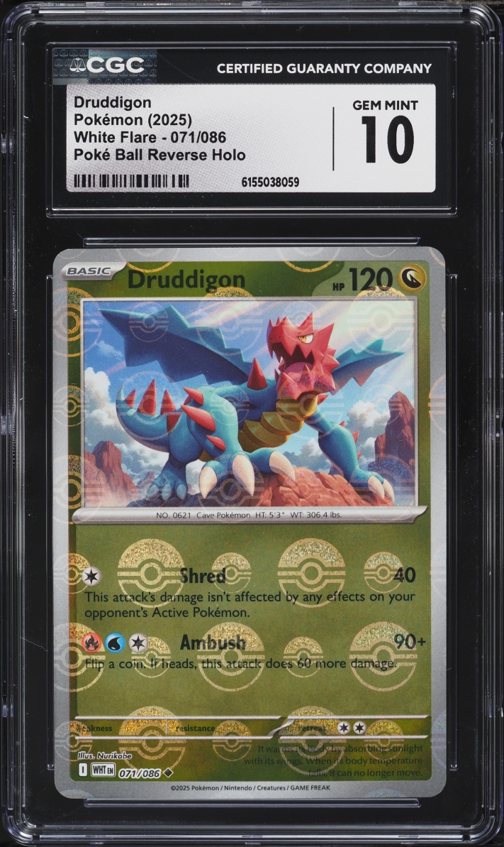 2025 Pokemon White Flare Poké Ball Reverse Holo Druddigon #071 CGC 10 GEM MINT