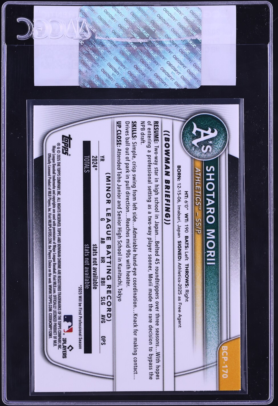 2025 Bowman Chrome Shotaro Morii PROSPECT #BCP-170 CGC AUTH
