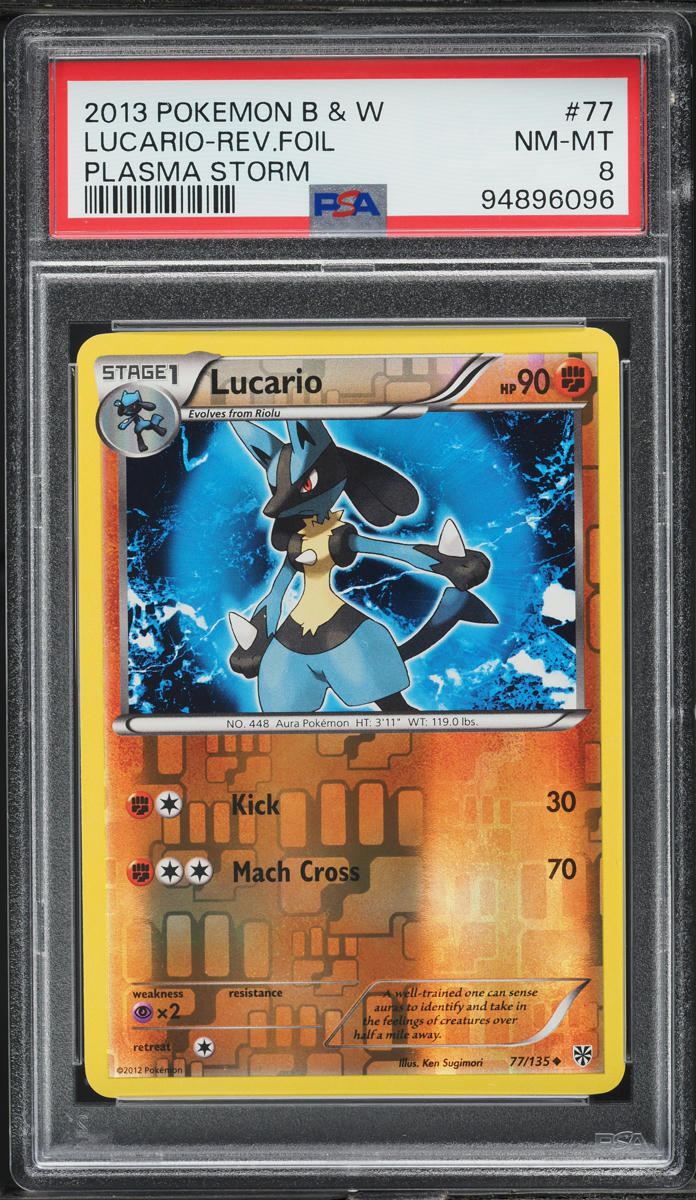 2013 Pokemon Black & White Plasma Storm Reverse Holo Lucario #77 PSA 8 NM-MT