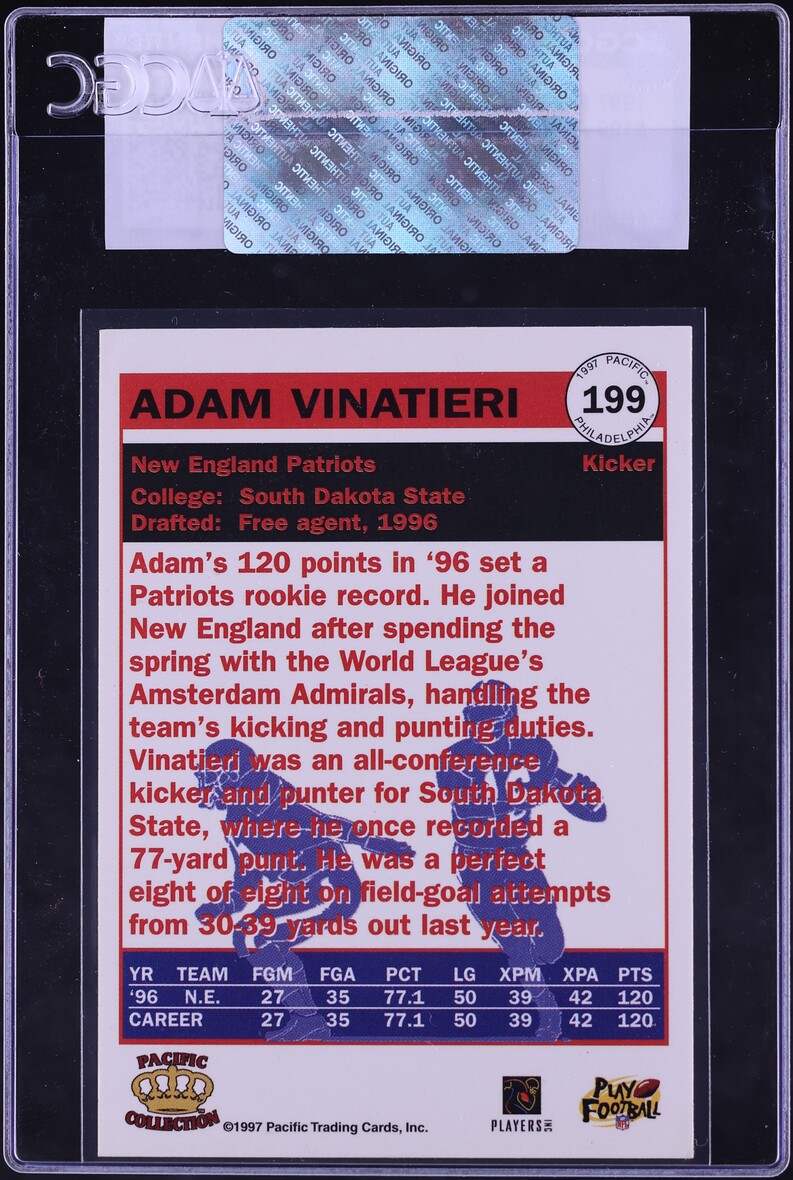 1997 Pacific Philadelphia Adam Vinatieri ROOKIE #199 CGC AUTH