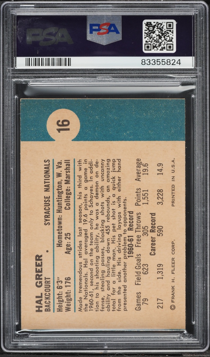 1961 Fleer Basketball Hal Greer ROOKIE #16 PSA 7 NRMT
