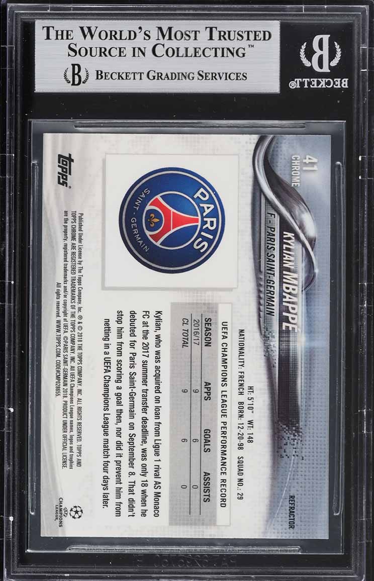 2017 Topps Chrome UEFA League Refractor Kylian Mbappe ROOKIE #41 BGS 9 MINT