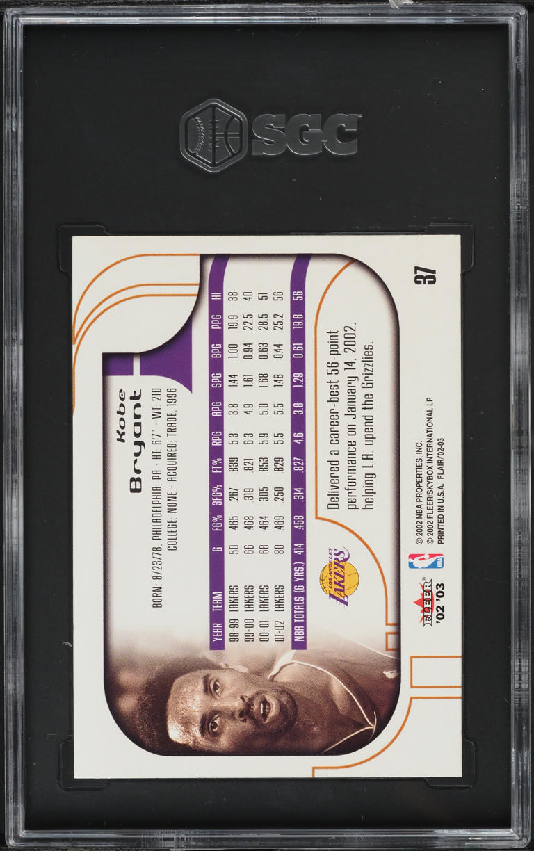 2002 Flair Basketball Kobe Bryant #37 SGC 8.5 NM-MT+