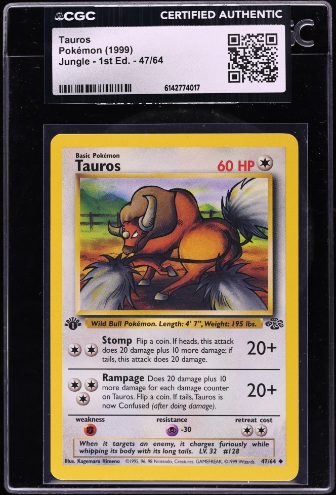 1999 Pokemon Jungle 1st Edition Tauros #47 CGC AUTH