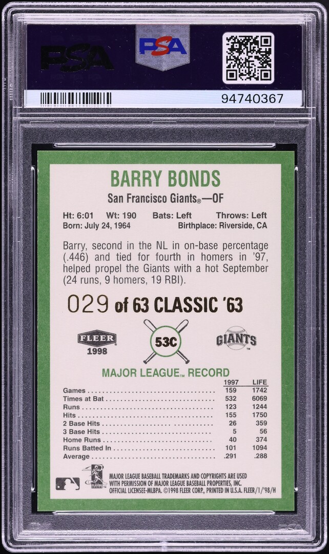 1998 Fleer Vintage '63 Classic Barry Bonds /63 #53C PSA 10 GEM MINT