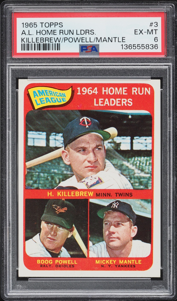 1965 Topps Harmon Killebrew Powell Mickey Mantle AL HOME RUN LEADERS #3 PSA 6 EXMT