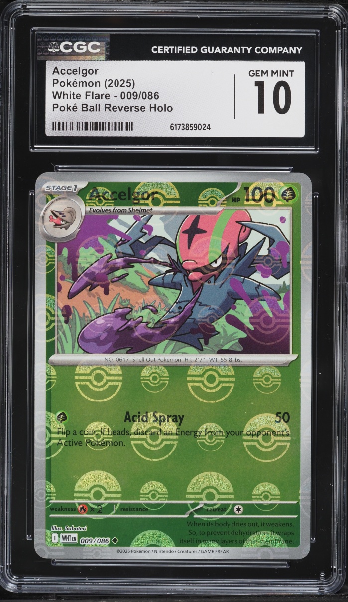 2025 Pokemon Scarlet & Violet White Flare Poke Ball Reverse Holo Accelgor #009 CGC 10 GEM MINT