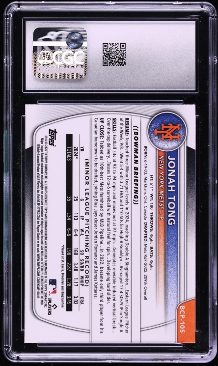 2025 Bowman Chrome Sapphire Jonah Tong PROSPECT #BCP-105 CGC 9 MINT