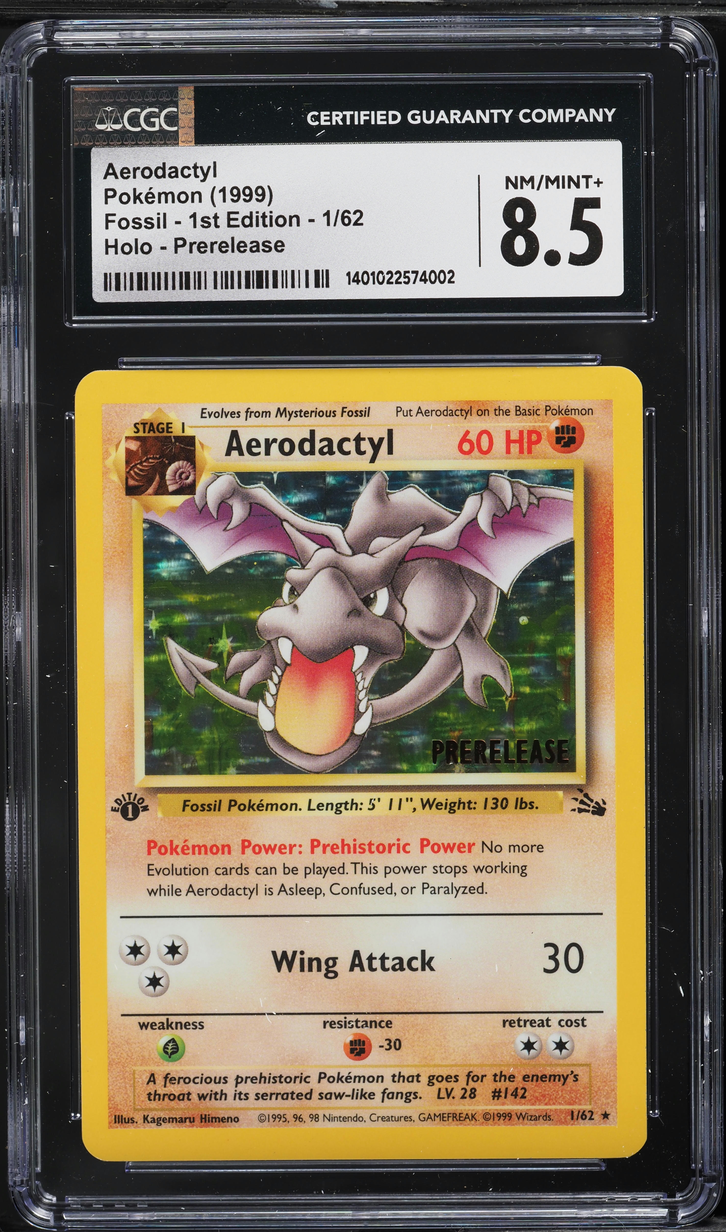 1999 Pokemon Fossil 1st Edition Prerelease Holo Aerodactyl #1 CGC 8.5 NM-MT+