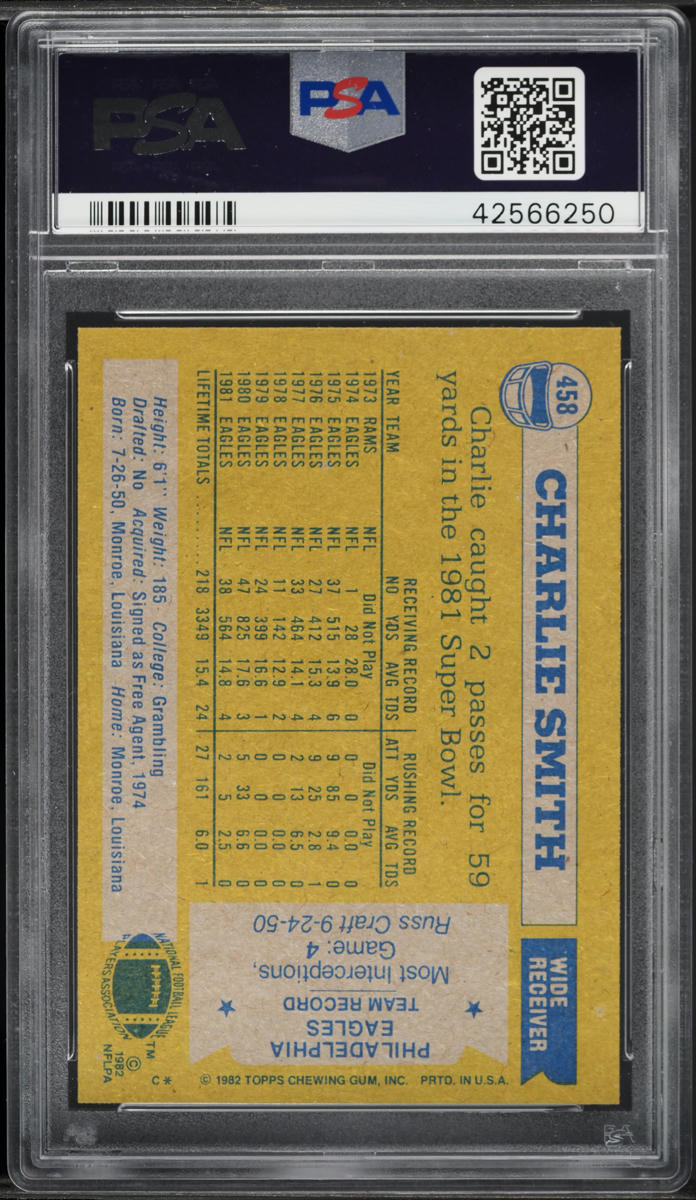 1982 Topps Football Charlie Smith #458 PSA 9 MINT