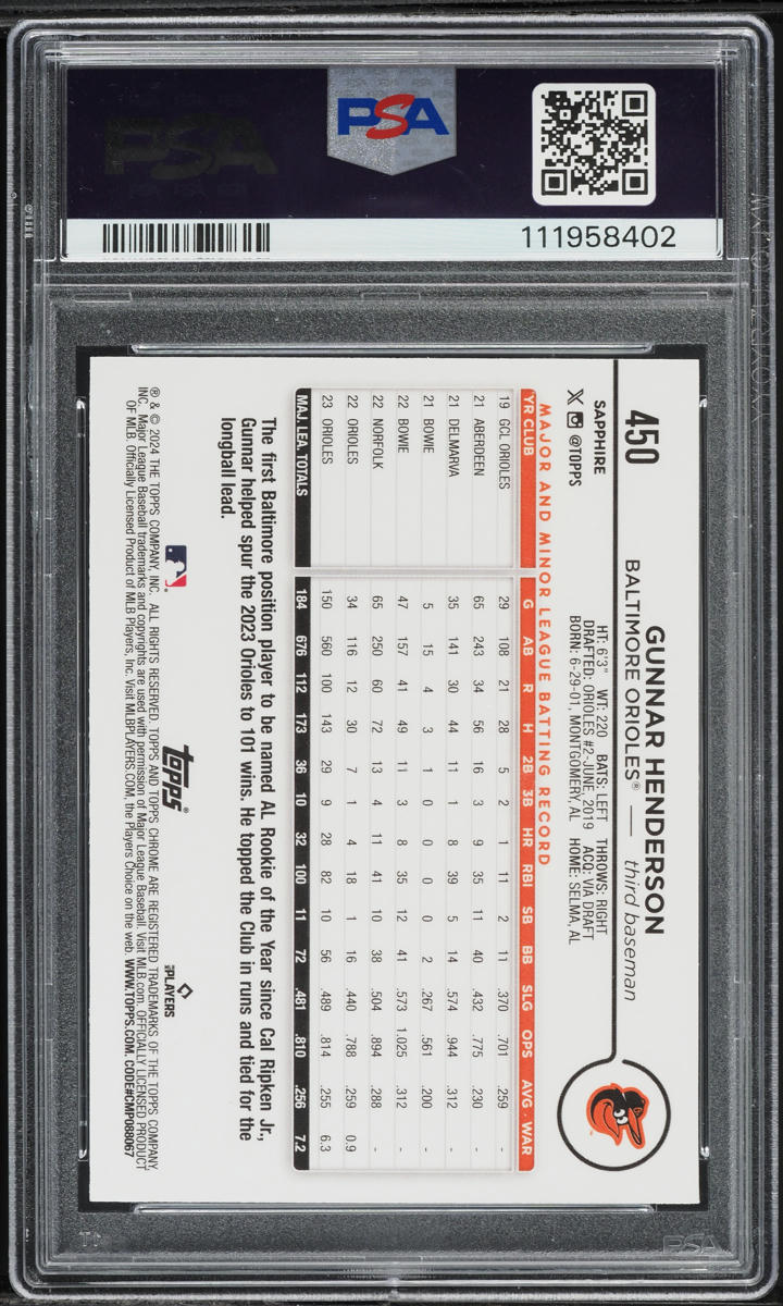 2024 Topps Chrome Sapphire Gold Gunnar Henderson /50 #450 PSA 9 MINT - Photo 2