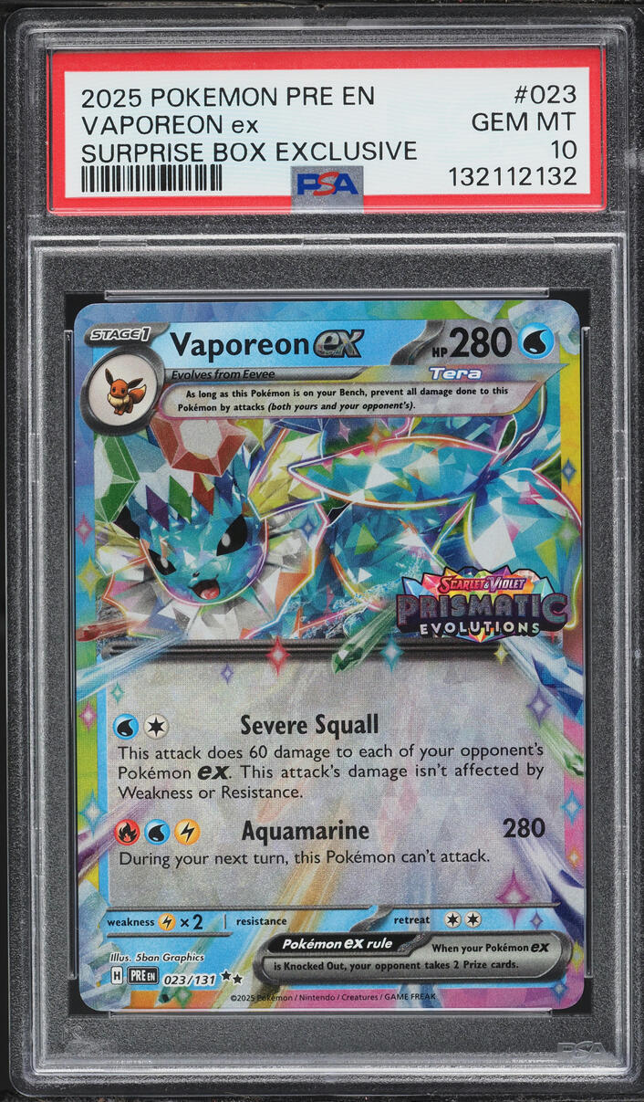 2025 Pokemon SV Prismatic Evolutions Surprise Box Holo Vaporeon ex #23 PSA 10 GEM MINT