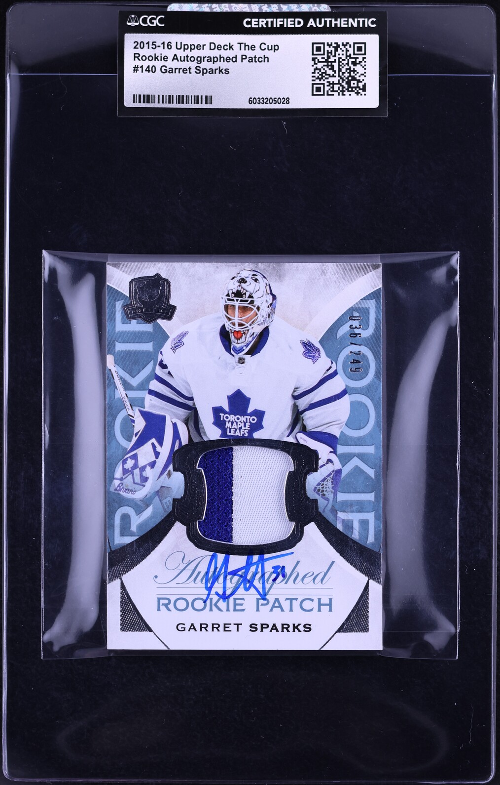 2015 Upper Deck The Cup Garret Sparks ROOKIE PATCH AUTO /249 #140 CGC AUTH