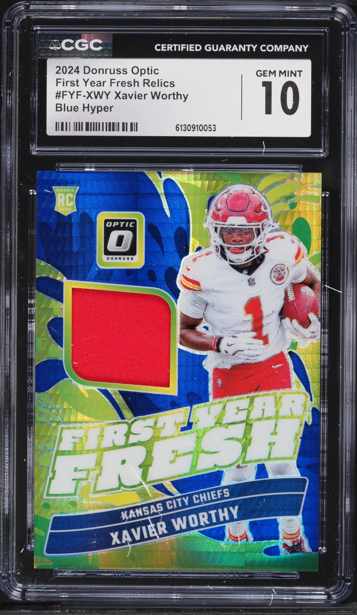 2024 Donruss Optic First Year Fresh Blue Hyper Xavier Worthy ROOKIE PATCH CGC 10 GEM MINT