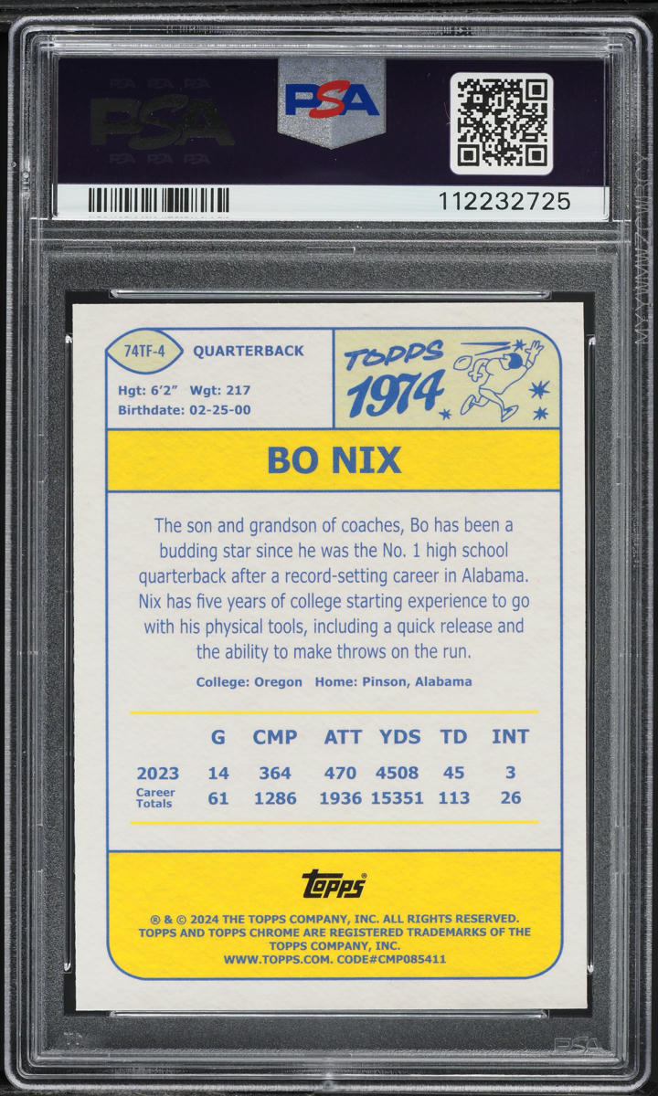 2024 Topps Chrome '74 Bo Nix ROOKIE #74TF-4 PSA 10 GEM MINT