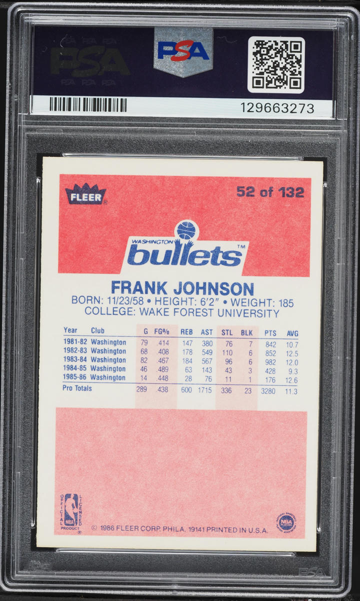 1986 Fleer Basketball Frank Johnson #52 PSA 7 NRMT