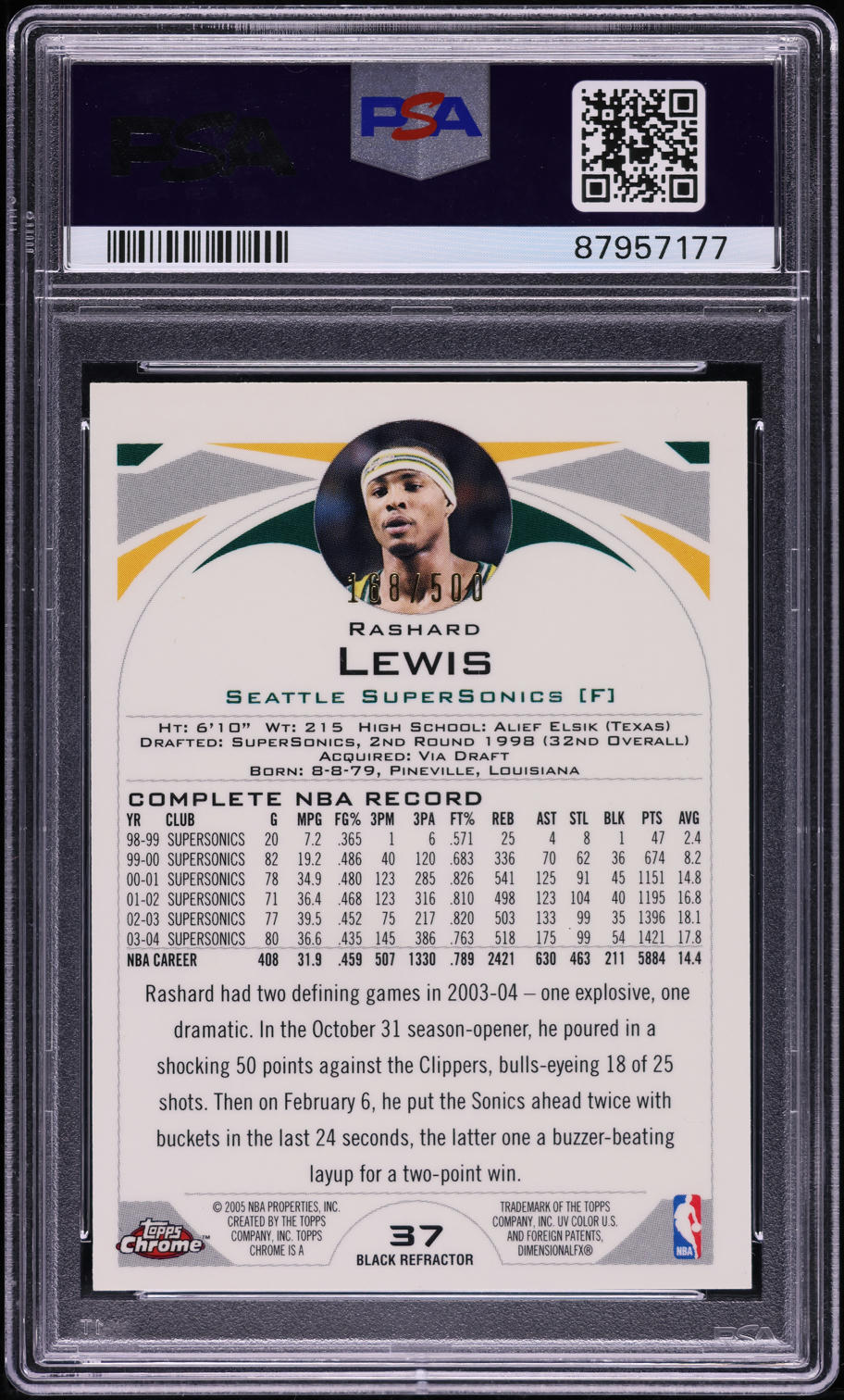2004 Topps Chrome Black Refractor Rashard Lewis /500 #37 PSA 9 MINT