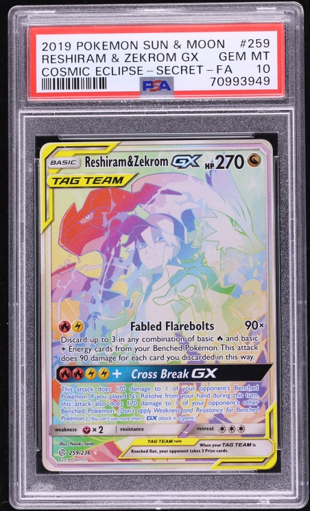 2019 Pokemon Sun & Moon Cosmic Eclipse Rainbow Rare Reshiram & Zekrom GX #259 PSA 10 GEM MINT