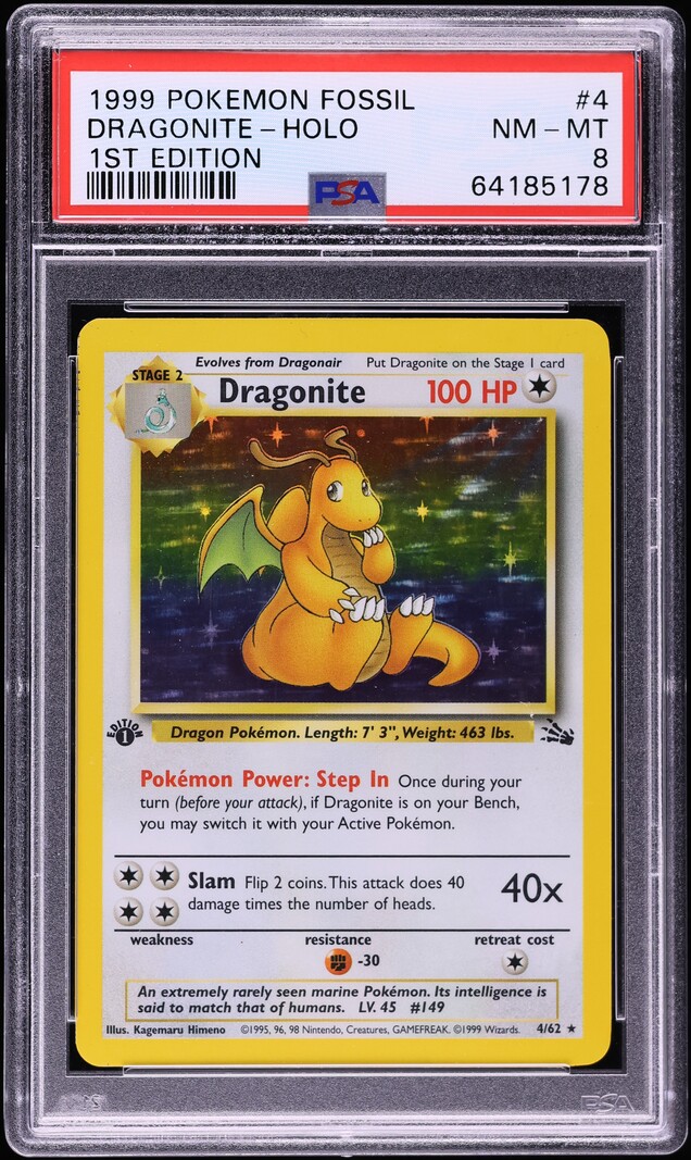 1999 Pokemon Fossil 1st Edition Holo Dragonite #4 PSA 8 NM-MT