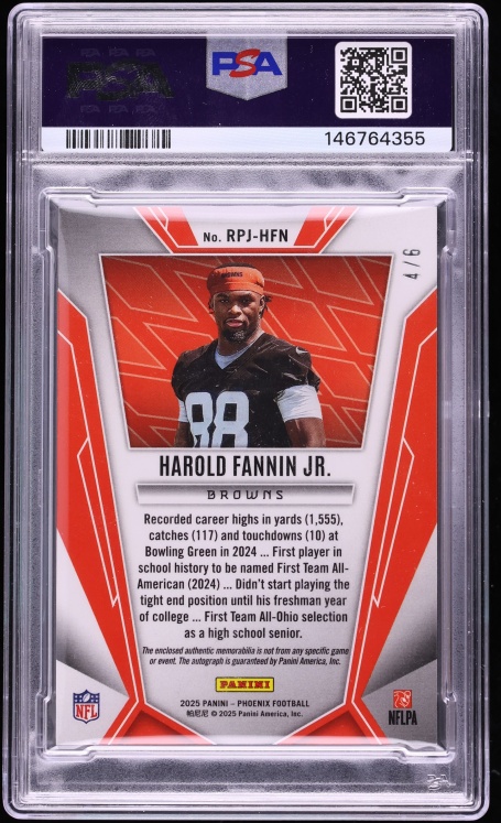 2025 Panini Phoenix Phenom Dream Waver Harold Fannin Jr ROOKIE PATCH AUTO /6 #RPJHFN PSA 9 MINT