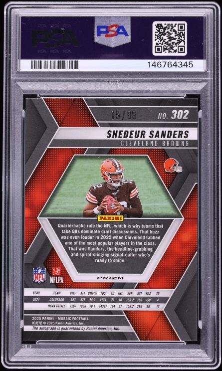 2025 Panini Mosaic Blue Shedeur Sanders ROOKIE AUTO /99 #302 PSA 9 MINT