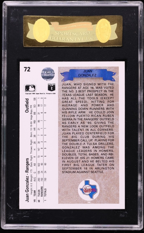 1990 Upper Deck Juan Gonzalez ROOKIE #72 SGC 8.5 NM-MT+