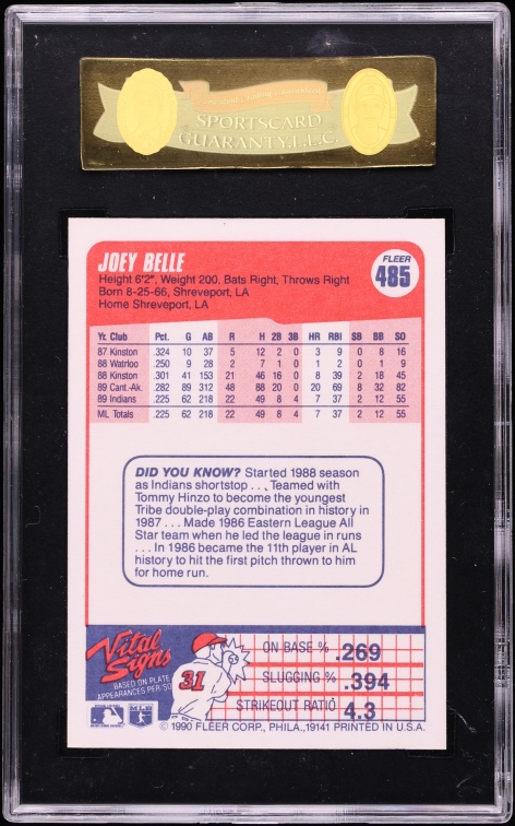 1990 Fleer Joey Belle ROOKIE #485 SGC 8 NM-MT