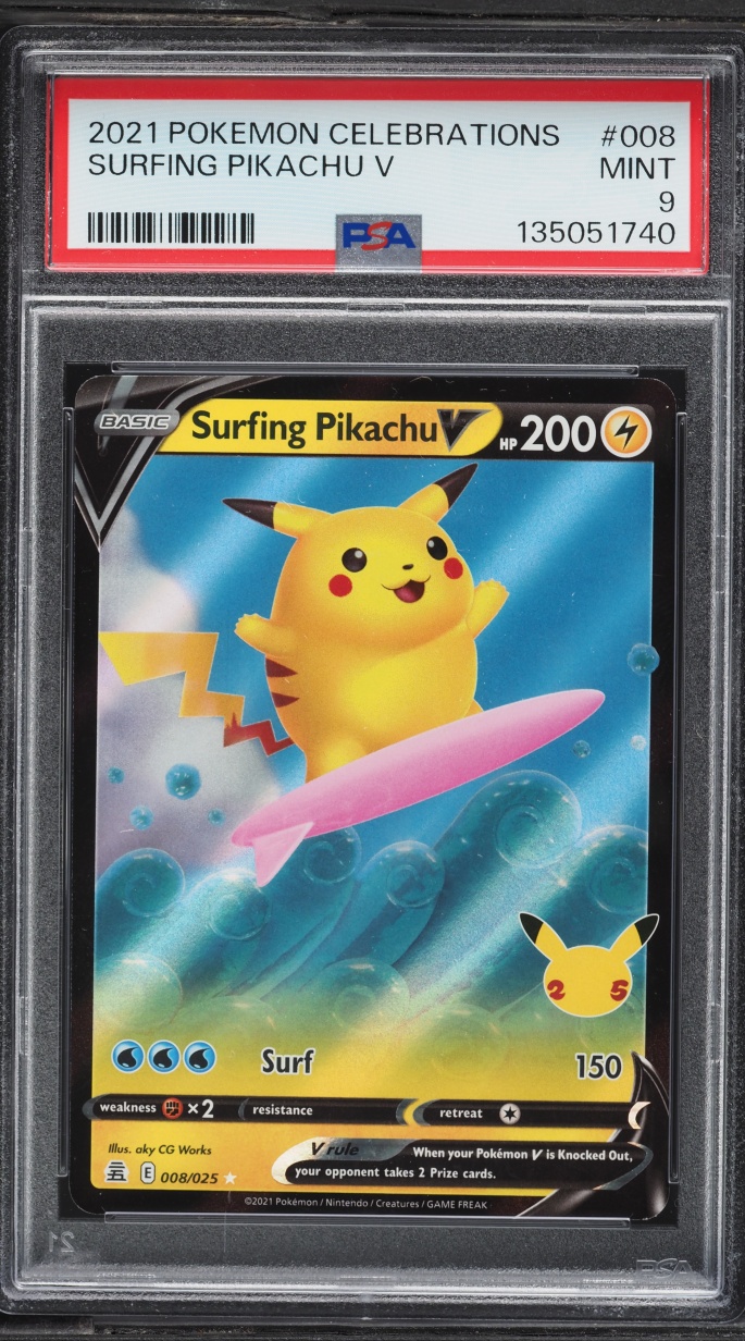 2021 Pokemon Sword & Shield Celebrations Holo Surfing Pikachu V #8 PSA 9 MINT
