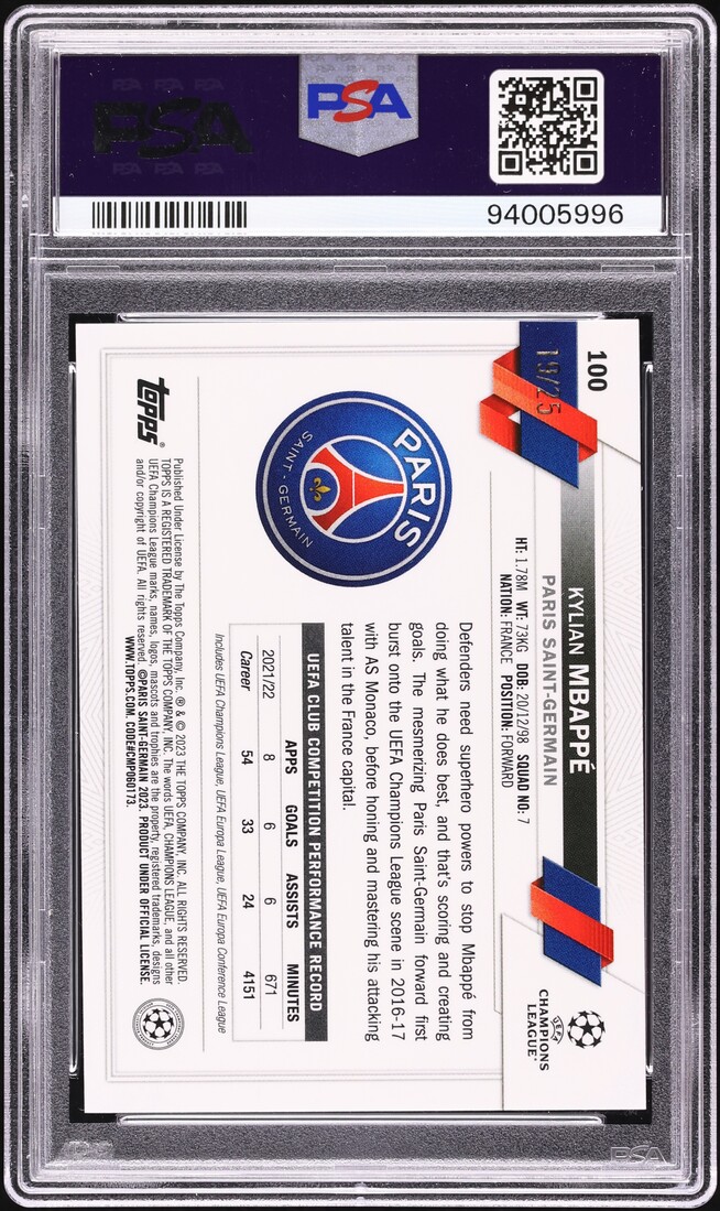 2022 Topps Chrome UEFA Orange Refractor Kylian Mbappe /25 #100 PSA 9 MINT
