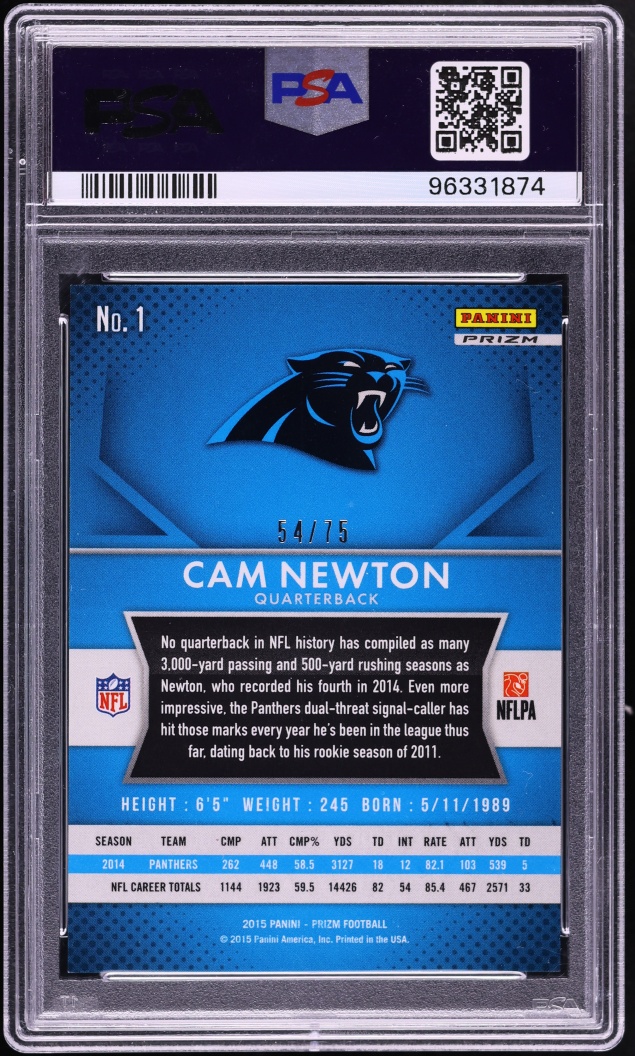 2015 Panini Prizm Green Crystals Cam Newton /75 #1 PSA 10 GEM MINT