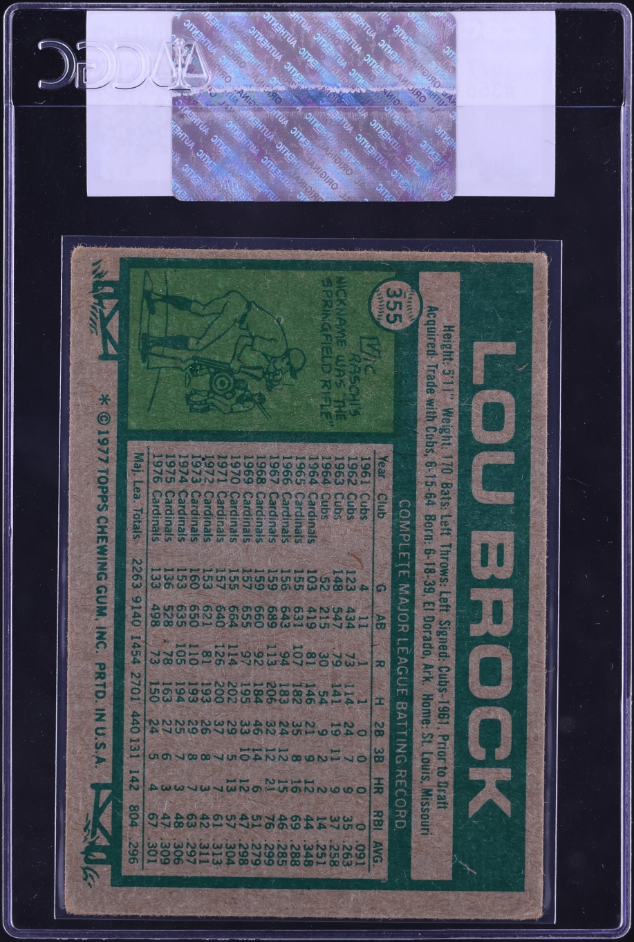1977 Topps Lou Brock #355 CGC AUTH