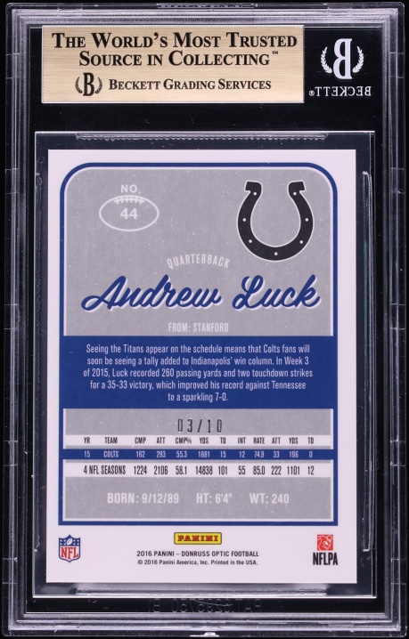 2016 Donruss Optic Gold Andrew Luck /10 #44 BGS 9.5 GEM MINT - Photo 2