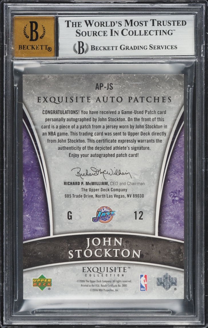 2005 Exquisite Collection John Stockton PATCH AUTO /100 #AP-JS BGS 8.5 NM-MT+