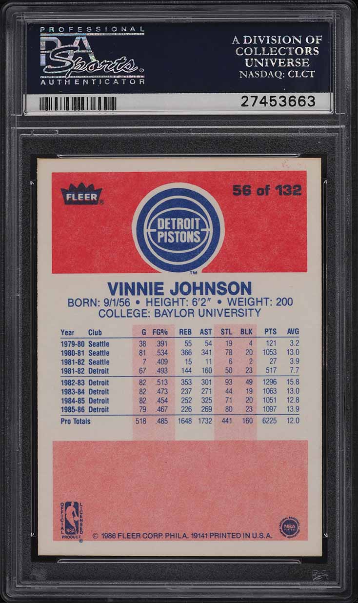 1986 Fleer Basketball Vinnie Johnson #56 PSA 9 MINT