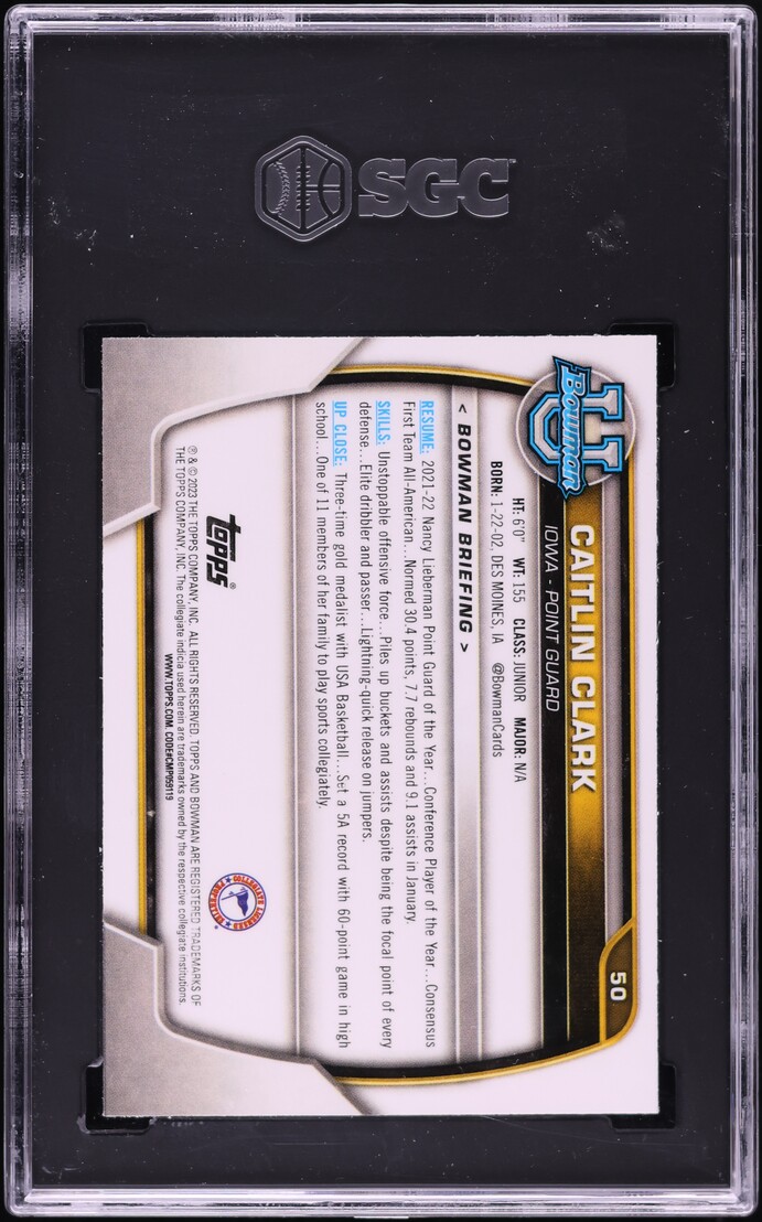 2022 Bowman Chrome University Caitlin Clark ROOKIE #50 SGC 9.5 MINT+