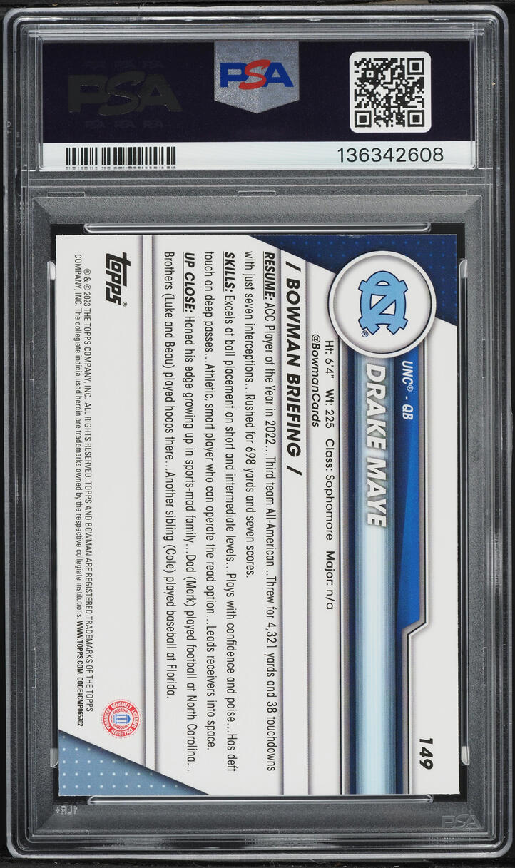 2023 Bowman Chrome University Variation Drake Maye ROOKIE #149 PSA 10 GEM MINT