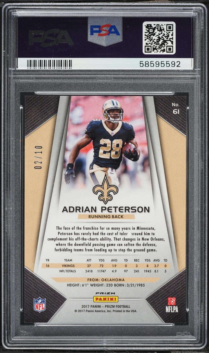 2017 Panini Prizm Gold Adrian Peterson /10 #61 PSA 9 MINT - Photo 2