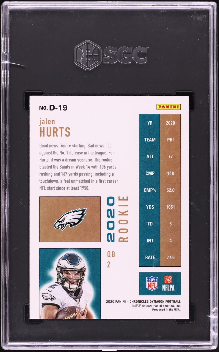 2020 Panini Chronicles Dynagon Jalen Hurts ROOKIE #D-19 SGC 10 GEM MINT