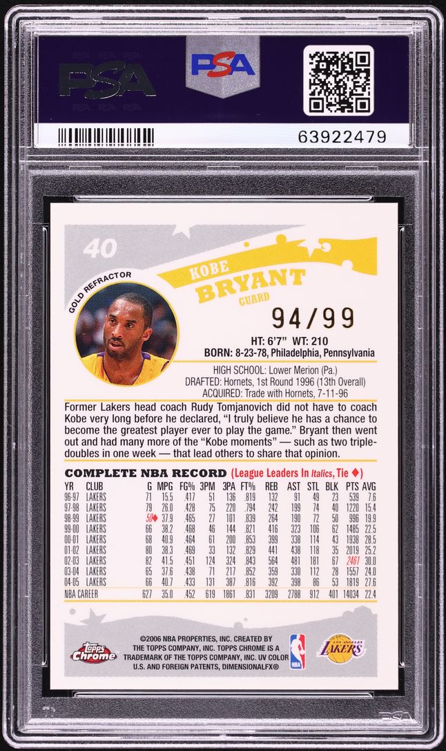 2005 Topps Chrome Gold Refractor Kobe Bryant /99 #40 PSA 10 GEM MINT