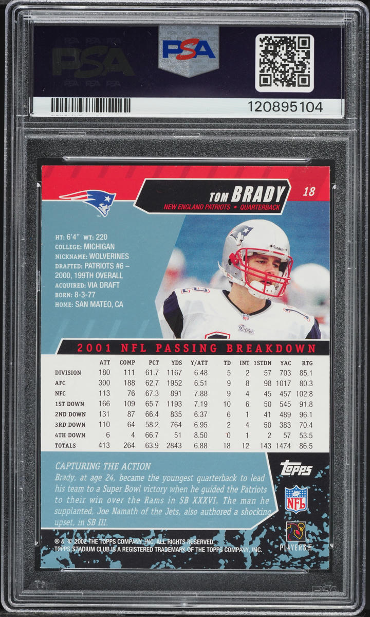 2002 Stadium Club Football Tom Brady #18 PSA 7 NRMT